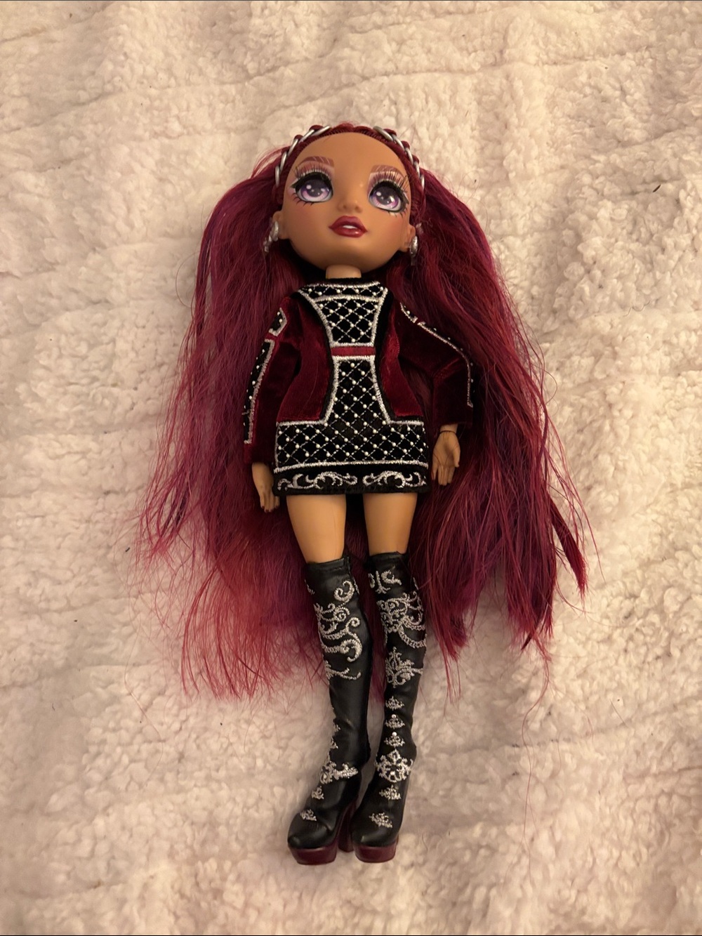 Maroon-Haired Fashion Doll with Embroidered Black Outfit